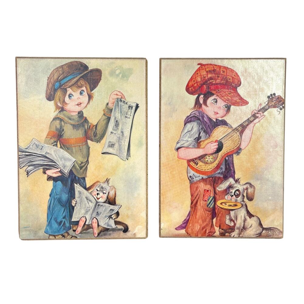 Vintage Set Of 2 Big Eyed Hobo Boy Child in Cap Wooden Wall Pictures Plaques
